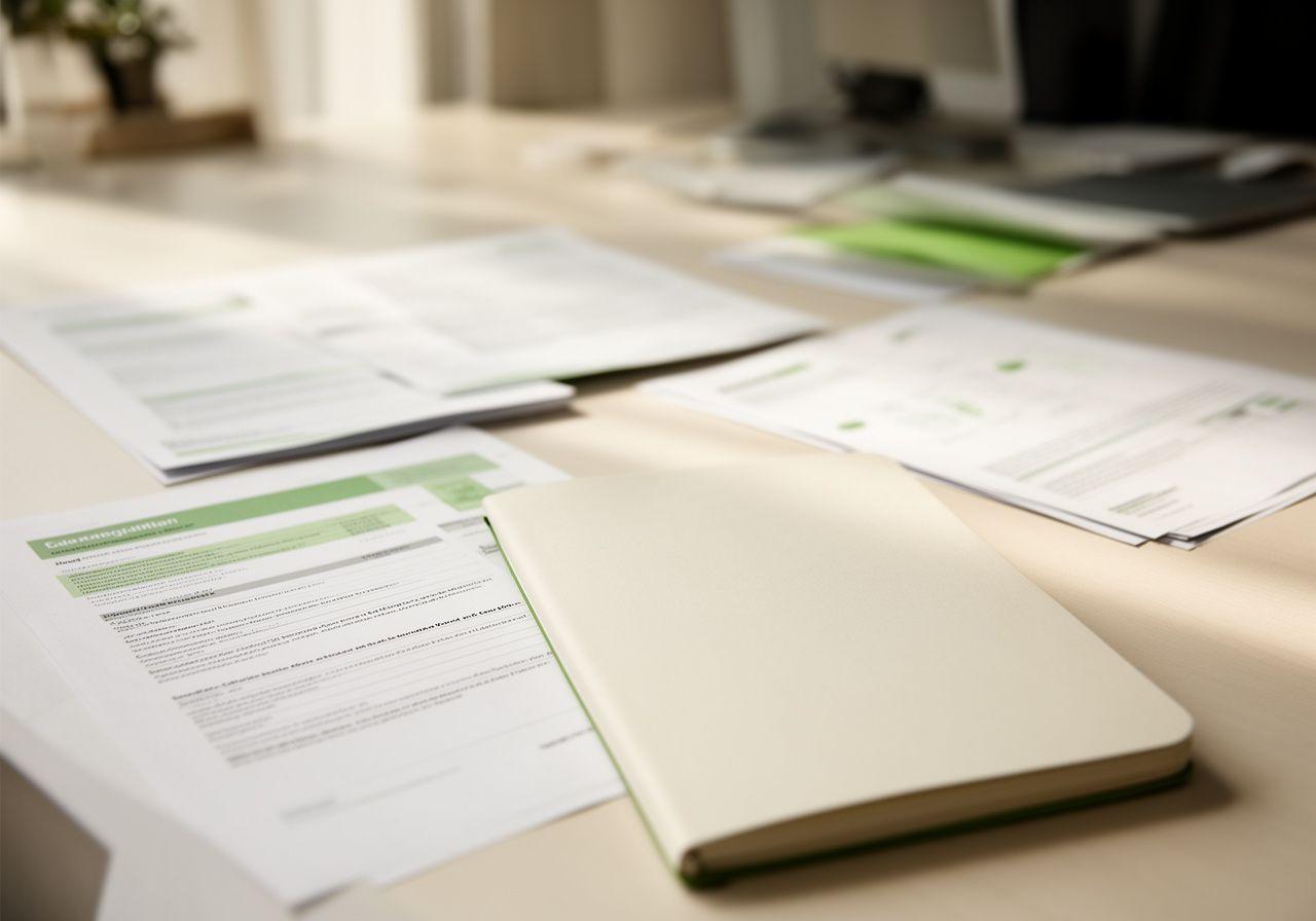 Professionelle Geschäftsunterlagen und ein geöffnetes Notebook auf einem hellen Arbeitstisch in Zürich