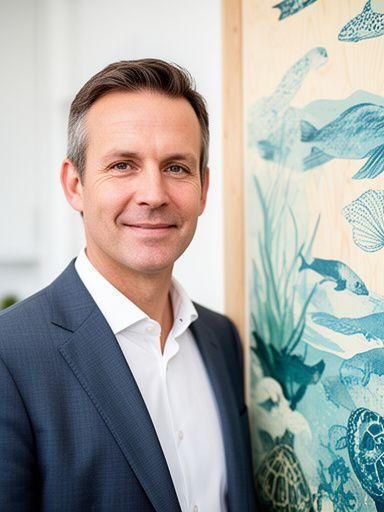 Geschäftsführer in einem hellen Zürcher Atelier neben einem Meeresmotiv auf Holzpaneel